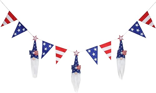Miniatura 1 de National Tree Company Guirnalda colgante patriótica, azul, decorada con banderines de bandera estadounidense y gnomos azules, colección del 4 de