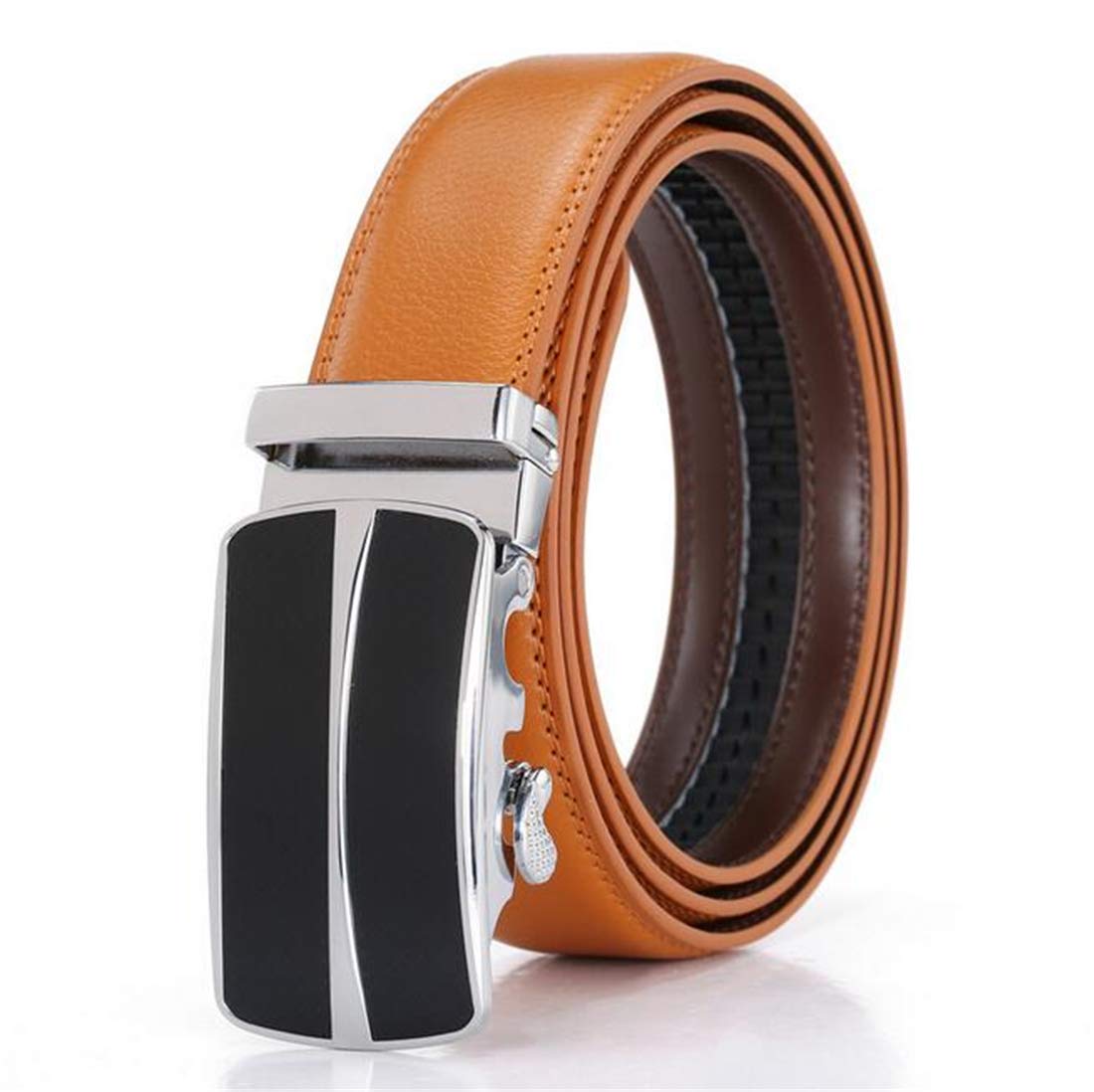 Yangver Men's Automatic Real Leather Business and Leisure Leather Ratchet Belt Buckle Colour Belt for Men, Leather Belt Width 3.5 cm, yellow, L 110CM