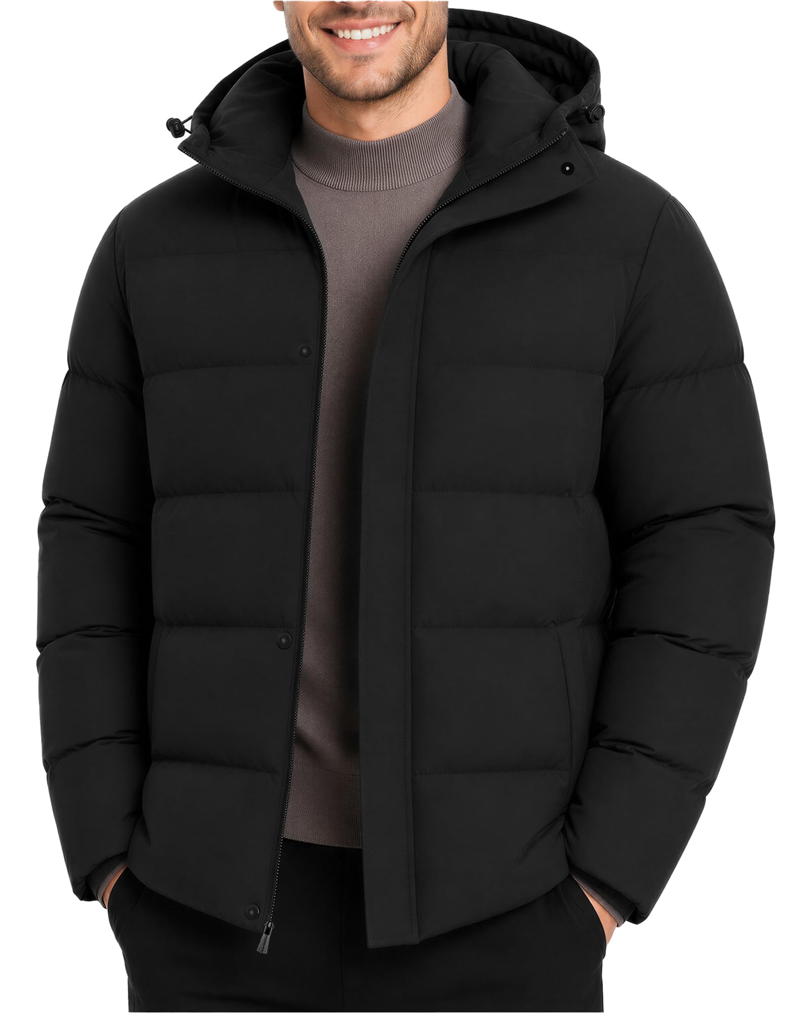 Men Winter Hood Jacket Waterproof Windbreaker Warm Magnetic Buttons for Travel Hiking Skiing Casual Work