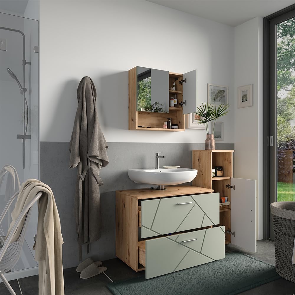 Vicco Set di mobili da bagno Irma, Verde salvia, 80 cm, composto da mobile sottolavabo, specchiera e mobile medio