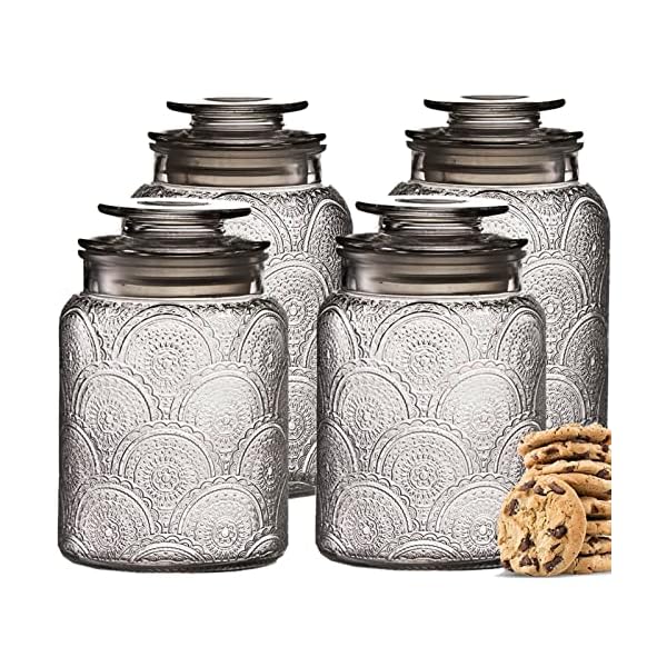 4pc Glass Canisters Set for Kitchen Counter with Airtight Lids – Vintage Retro Design - Pantry Organization Food Storage Containers for Cookies, Nut Bowl, Tea, Sugar, Candy Jars, Sugar Packet Holders.