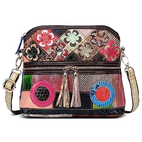 DIRRONA Bolso Bandolera Mujer de Piel con Patchwork Artesanal Colorido – Bolso Cruzado Mujer Vintage y Original, Ideal para Uso Diario, Trabajo, Compras y Viajes Círculo Multicolor DIRRONA Bolso Bandolera Mujer de Piel con Patchwork Artesanal Colorido – Bolso Cruzado Mujer Vintage y Original, Ideal para Uso Diario, Trabajo, Compras y Viajes Círculo Multicolor