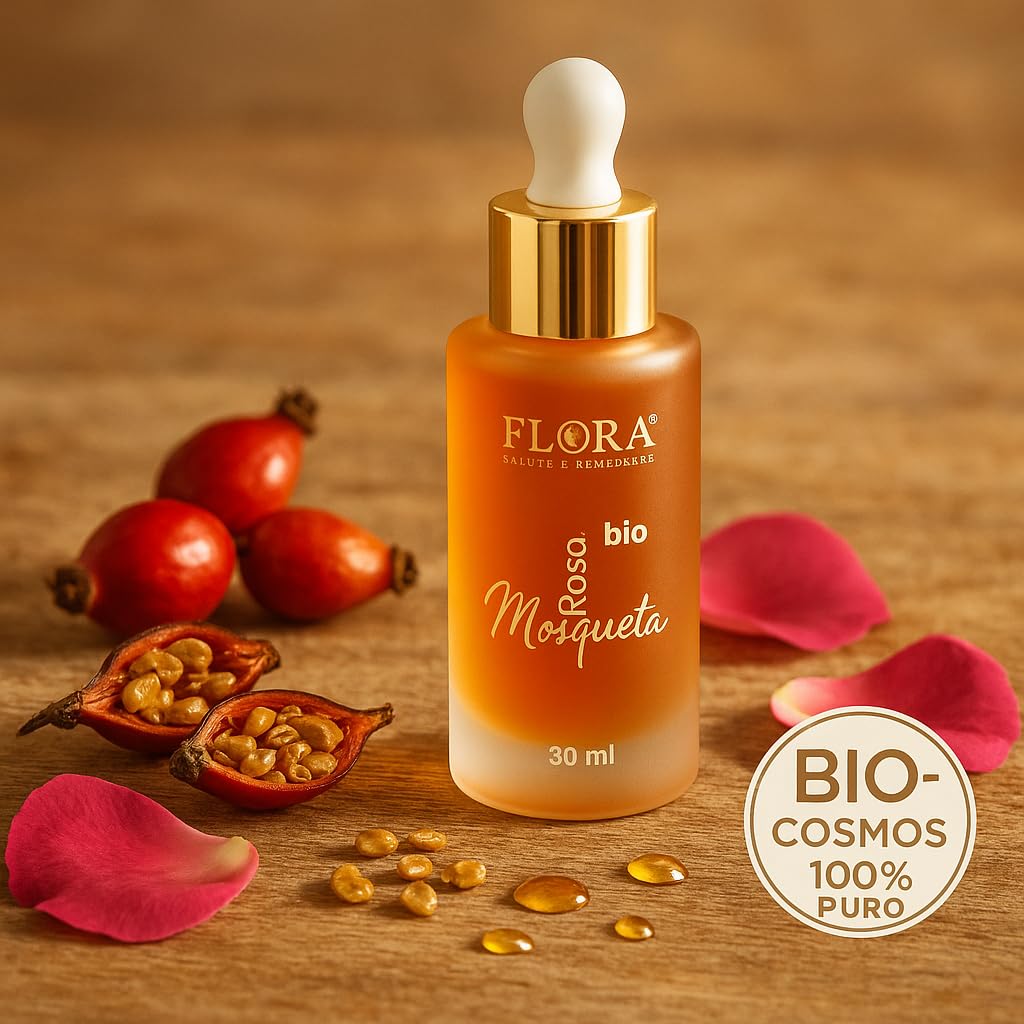 FLORA Olio di Rosa Mosqueta BIO pack da 2 Pz da 30 ml 100 % Puro, Spremitura a Freddo, Elisir Anti‑Età Elasticizzante per Viso •Corpo, Ricco di Vitamina A & E e Omega 3‑6‑9, Riduce Cicatrici e Macchie