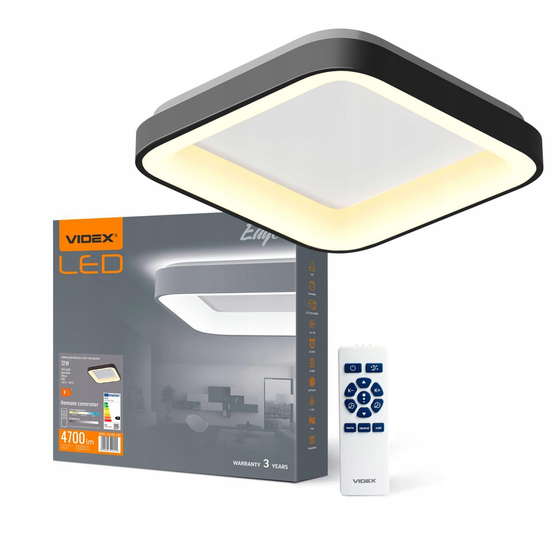 Plafon ściemniacz timer LED Videx 72W natynkowy czarny 45 cm 4700lm + pilot