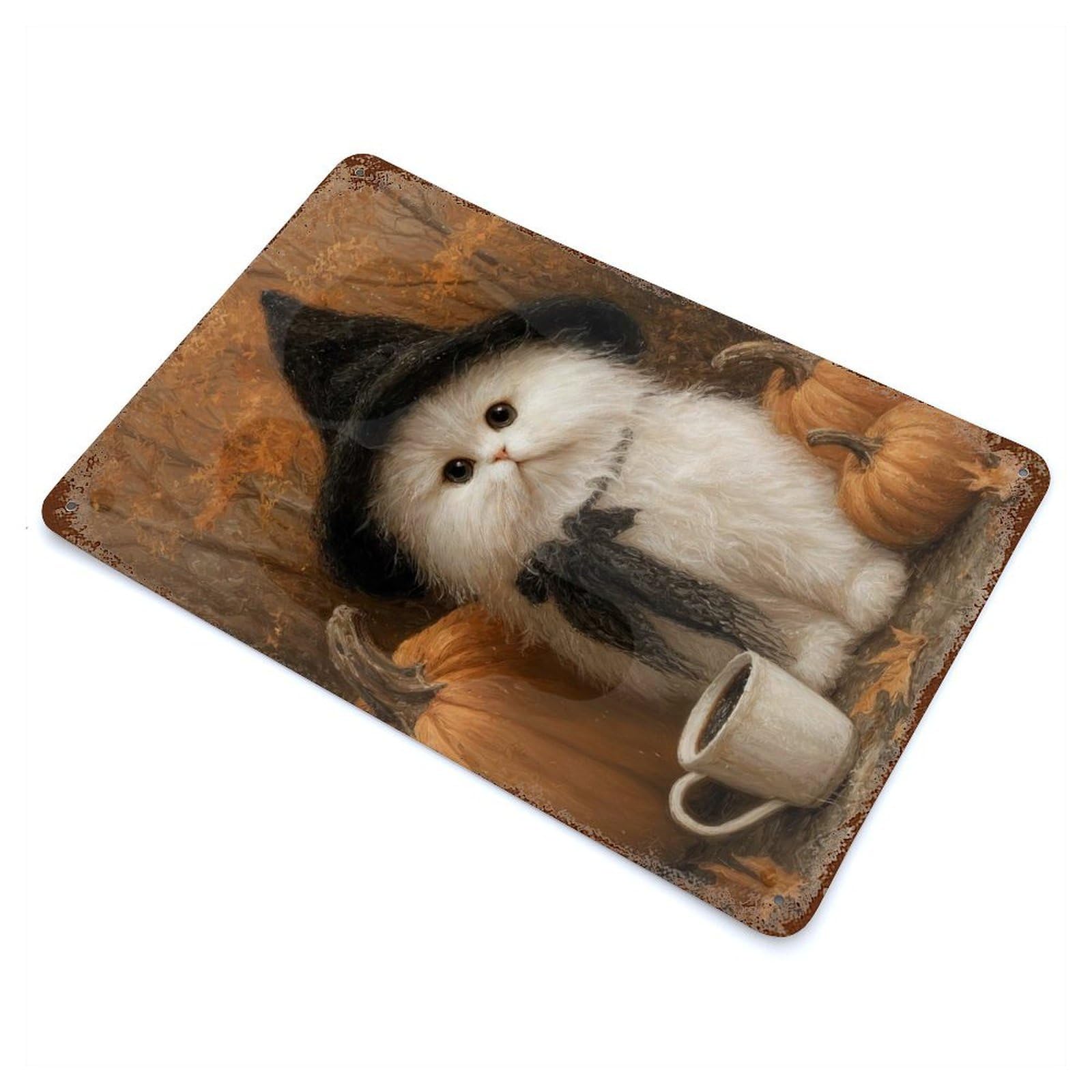 Halloween White Witch Cat with Pumpkins Decorative Tin Sign 11.8"x7.9", Retro Wall Decor for Living Room, Hallway And Home Decor