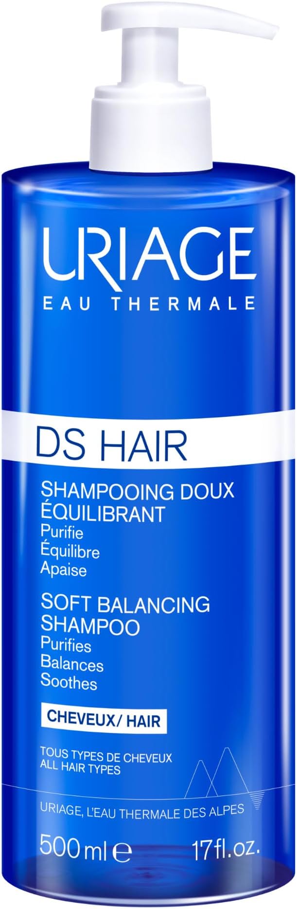 Uriage DS Hair Soft Shampoo with Edelweiss 500ml - Deeply Purifies & Soothes - Leaves Hair Soft & Shiny - Fresh & Floral Scent - Everyday Wash - Suitable for Sensitive & Irritated Scalps - Soap-Free
