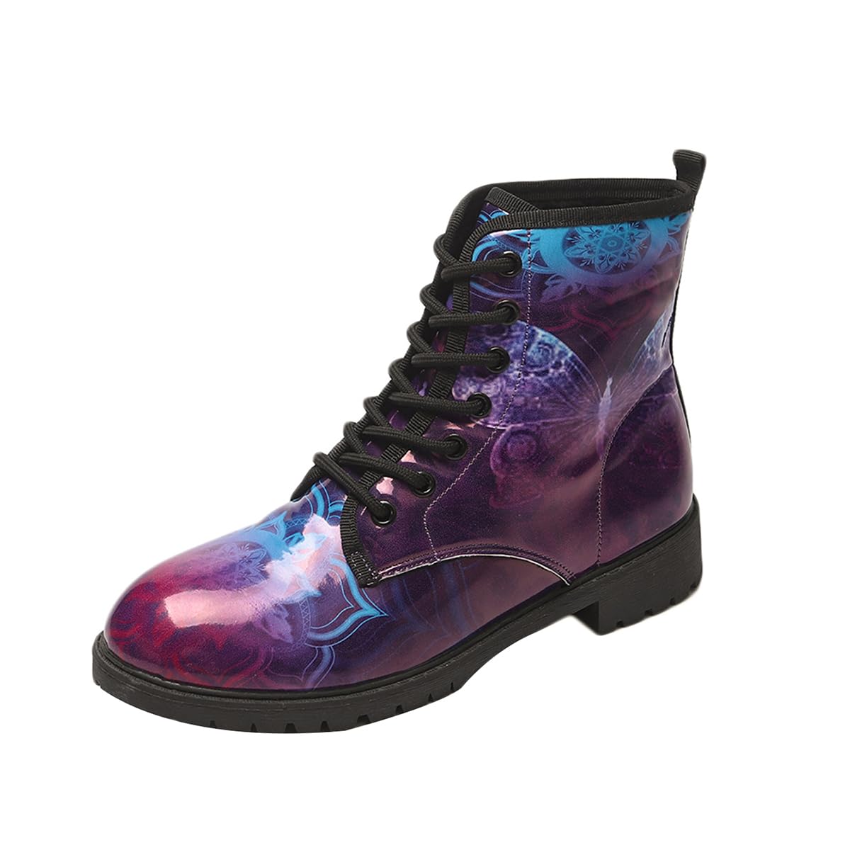 Galaxy Print Combat Boots Purple and Blue Cosmic Design Lace-up Ankle Boots with Rubber Sole Gothic Style