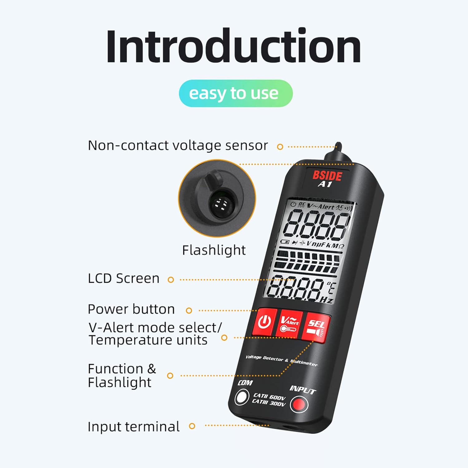 BSIDE A1 Mini Multimeter LCD Digital Tester Voltage Detector 2000 Counts DC/AC Voltage Frequency Resistance NCV Continuity Live Wire Neutral Wire Check True RMS Meter with Storage Zipper Case