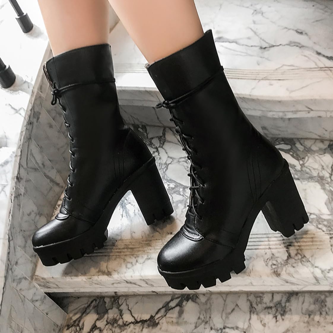 BEAUPAS Women's Chunky Lace Up Ankle Boots High Heels Goth Combat Boots Platform Motorcycle Boots Block Heel Round Toe Shoes