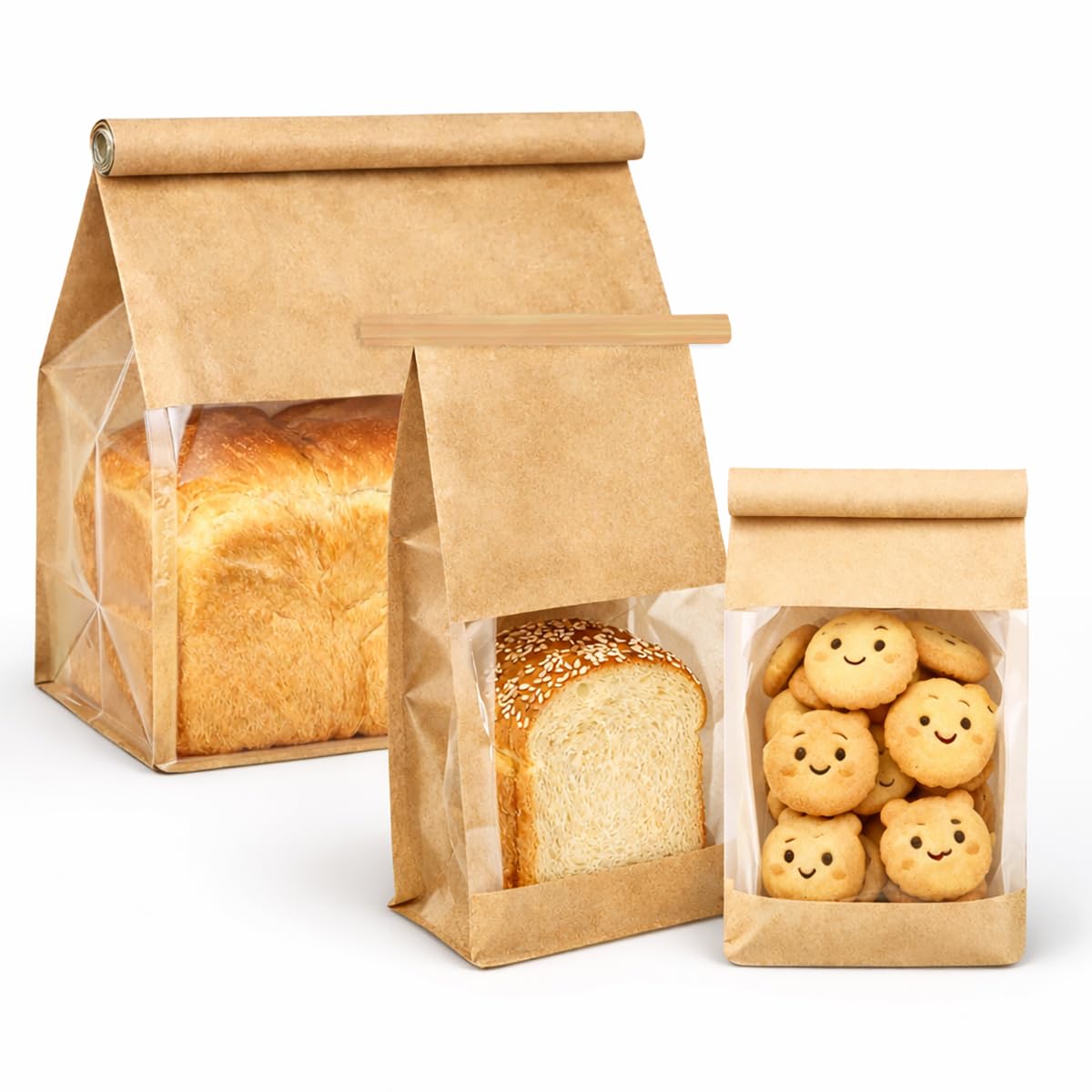 50 Pcs Bakery Bags with Window - Multi-Size Assortment (3 Sizes) with Tin Tie Tab Lock, Kraft Paper Cookie Bags for Gift Giving, Bake Sale, Cookies, Muffins, Coffee