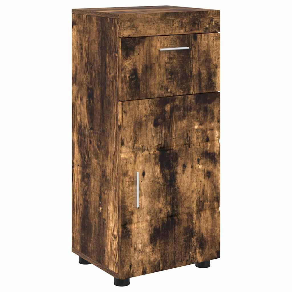 Tulum Armario de baño de roble ahumado, armario de baño con puerta, acabado mate, 37 x 31,5 x 82 cm, compacto vanidad para espacios pequeños, mucho espacio de almacenamiento, fácil montaje
