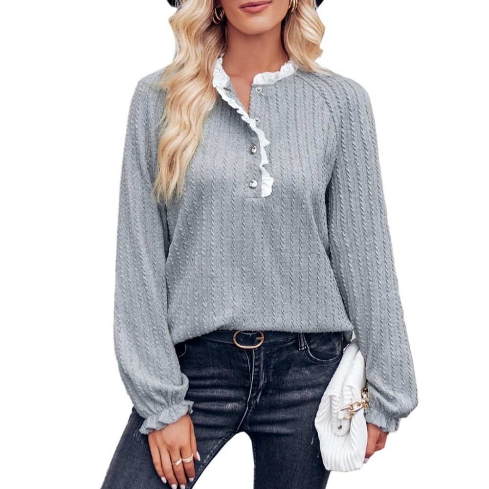 Bluse Damen,Damen Lässige Bluse Mit Schnappverschluss, Pullover Hemd, Grau, Stehkragen, Rüschenbesatz, Gedrehte Streifen, Langarm Shirt, Elegante Bluse, Blusen Tops Für Arbeit Und Ausgehen