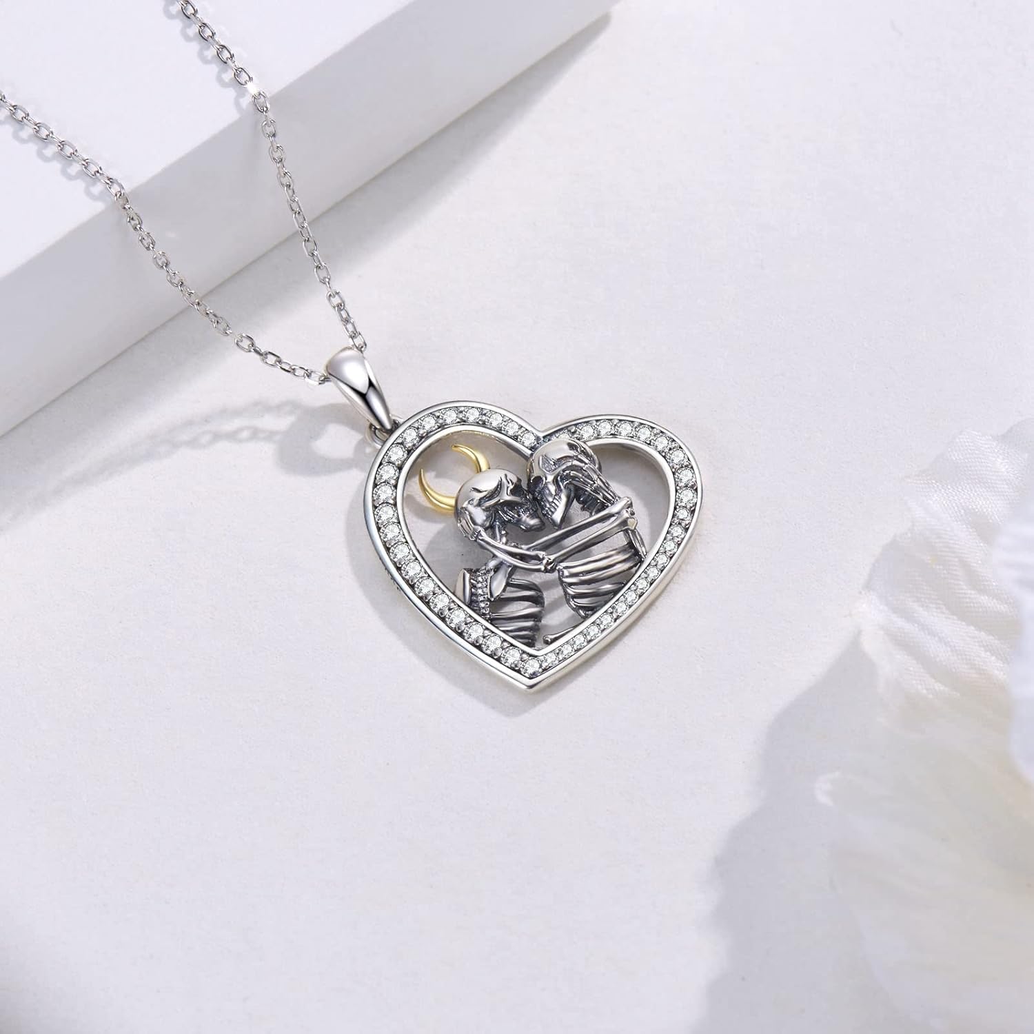 Skeleton Necklace Sterling Silver Skeleton Lover Pendant Necklace Skull Gothic Jewelry for Women Men - Image 3