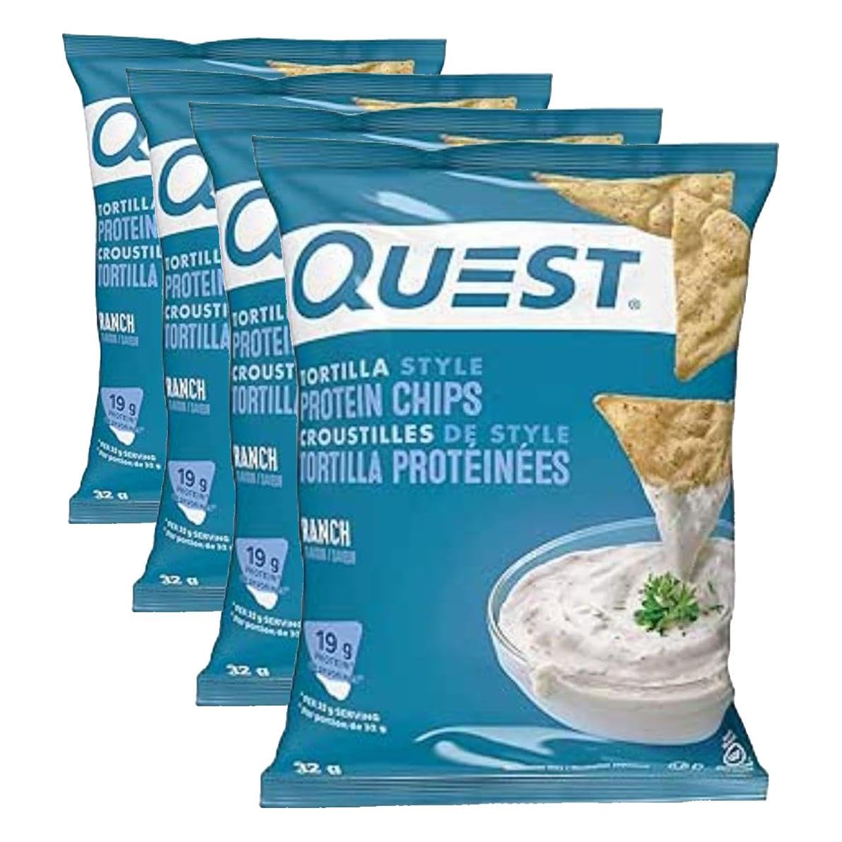 Quest Nutrition Protein Tortilla Chips, Ranch, 19g Protein, 4g Net Carbs, 140 Calories, Low Carb, Gluten Free, Soy Free, Potato Free, Baked, 1.2oz Bag, Single Sample (Pack of 4)