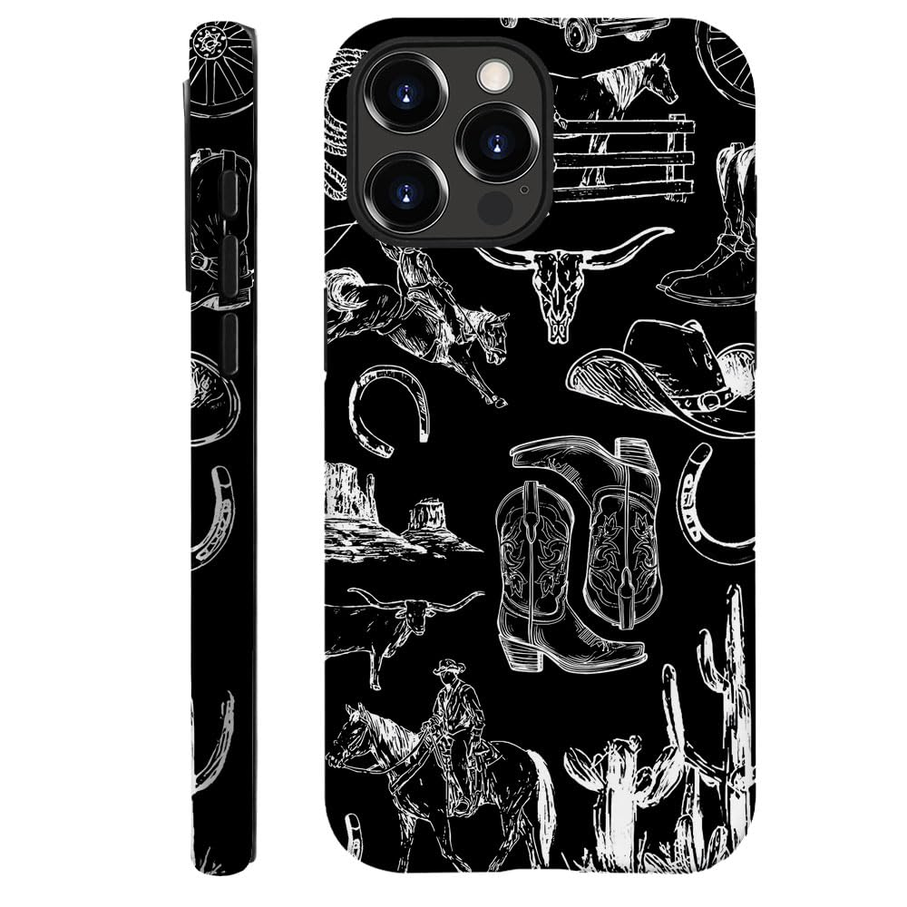 Compatible with iPhone 15 Pro,Anti-Scratch Frosted Case Cover,Western Collage Cowboy Black