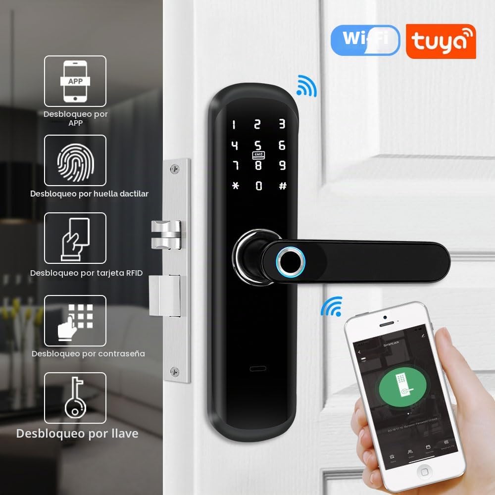 TUYA - Cerradura inteligente para puerta con asa: 5 en 1 cuenta con autenticación biométrica, contraseña digital, entrada sin llave de huellas dactilares y cerradura electrónica Bluetooth