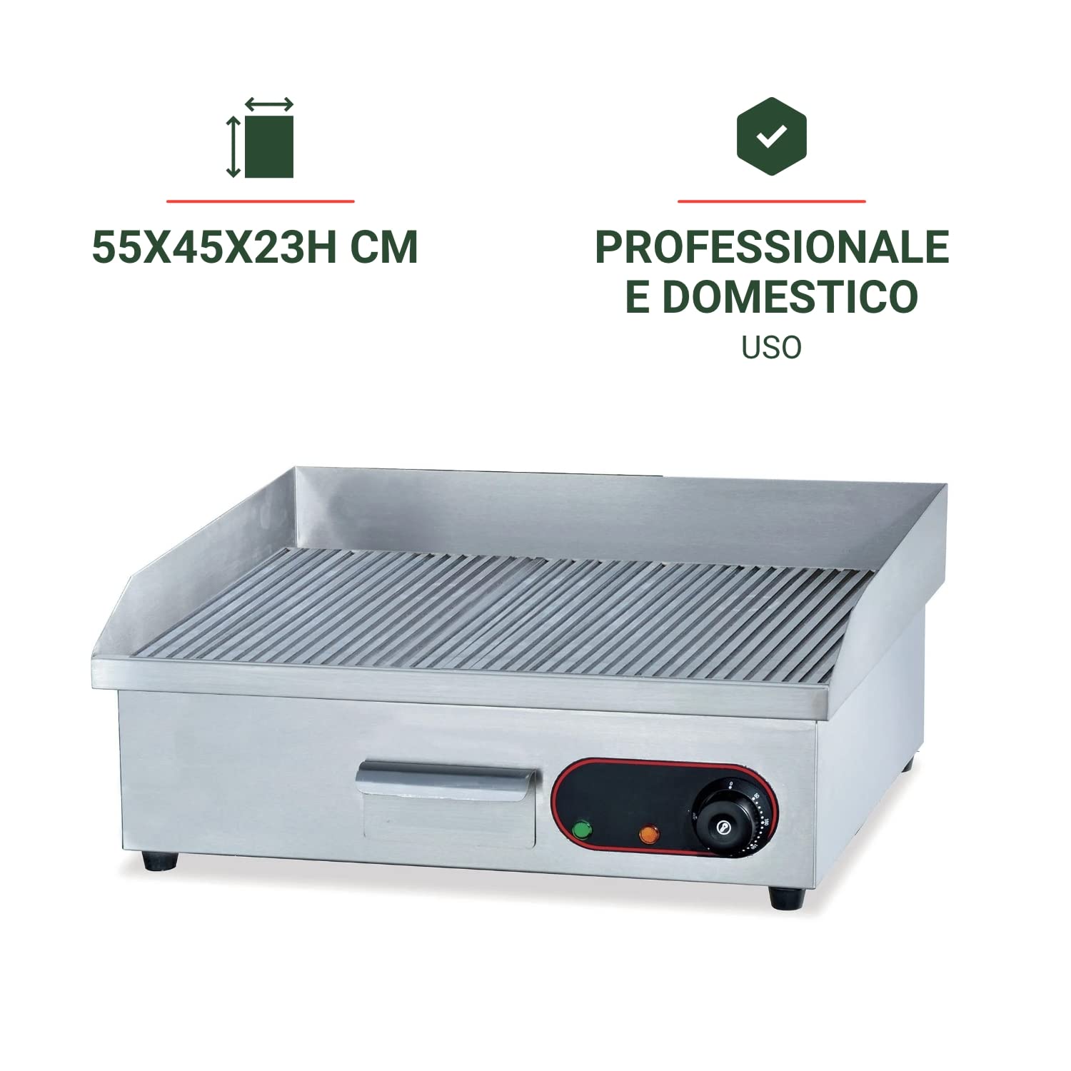 Ristoattrezzature Fry Top Griglia Elettrico da Banco - Professionale - Acciaio Inox - Piastra Rigata - 3 kW - 55x45x23h cm