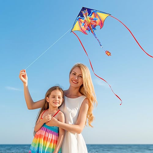 Miniatura 27 de HONBO Cometa Delta grande para niños y adultos, extremadamente fácil de volar para viajes a la playa, línea de cuerda incluida, con cola colorida