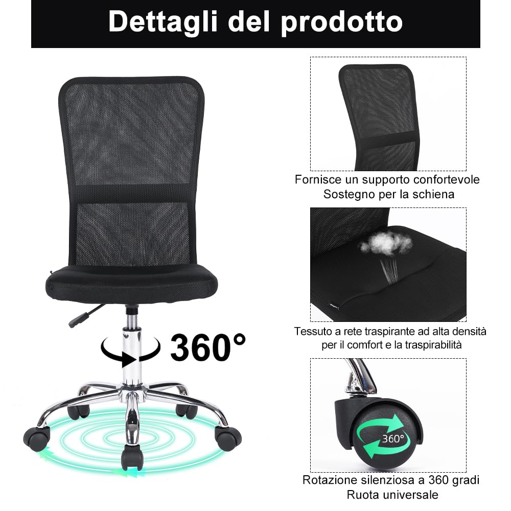 Sedia Da Ufficio Mingone Senza Braccioli - Rete Traspirante, Regolabile In Altezza, Girevole, Portata 150 Kg, Nero
