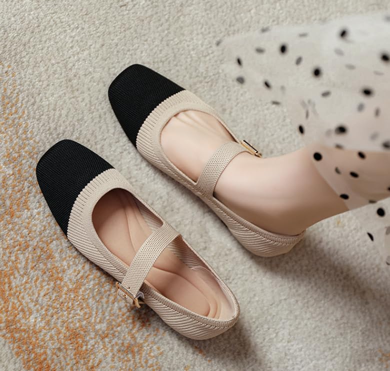 Women's Mary Jane Flats with Arch SupportSquare Toe Ballet Flats, Comfortable Knit Dress Shoe Adjustable Strap On Shoes Shoes2
