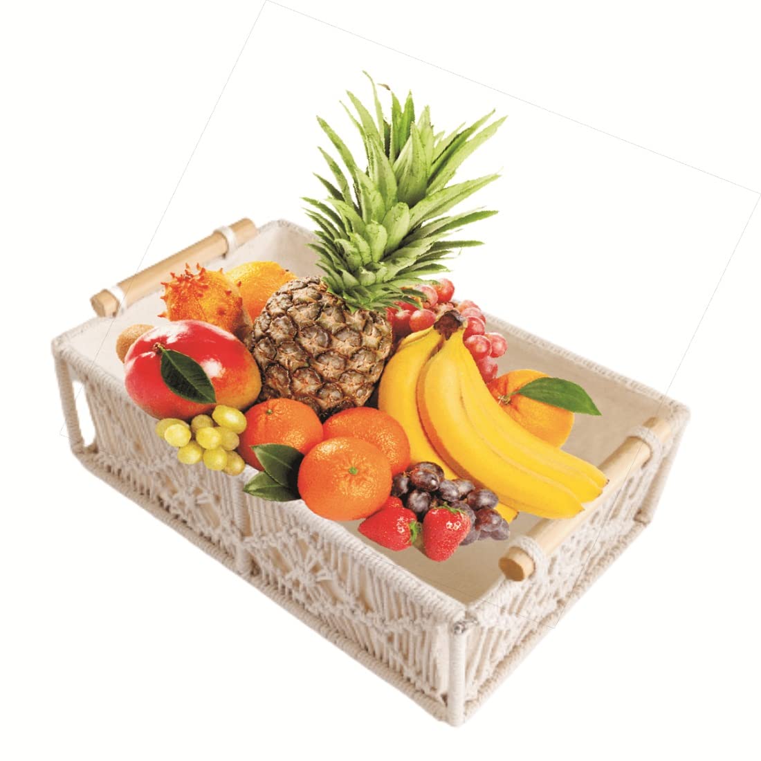 ACN Kohinoor | Handwoven Boho Decor Macrame Storage Basket | Decorative Hamper Tray with Handle and Cotton Lining Stictched Inside Cabin Organizer for Home, Office, Events, 1-Pcs, 13 x 9 x 4 Inches