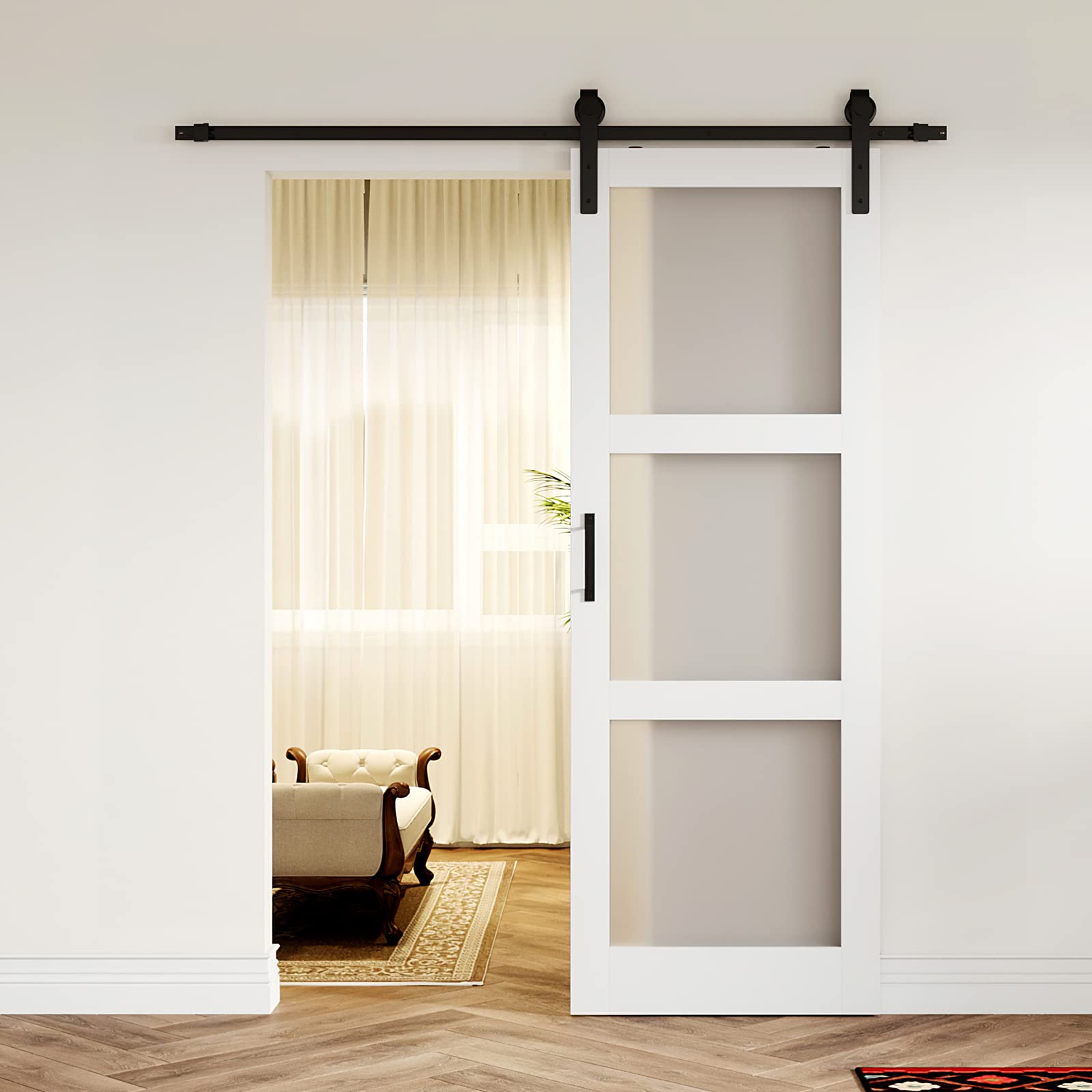 ( only glass ) Frosted 3 Panel Glass Sliding Barn Door 30''84'' Barn Door, Hardware Kit Included, Assembly Needed, Water-Proof PVC Surface,Easy Installation for Living Room,White