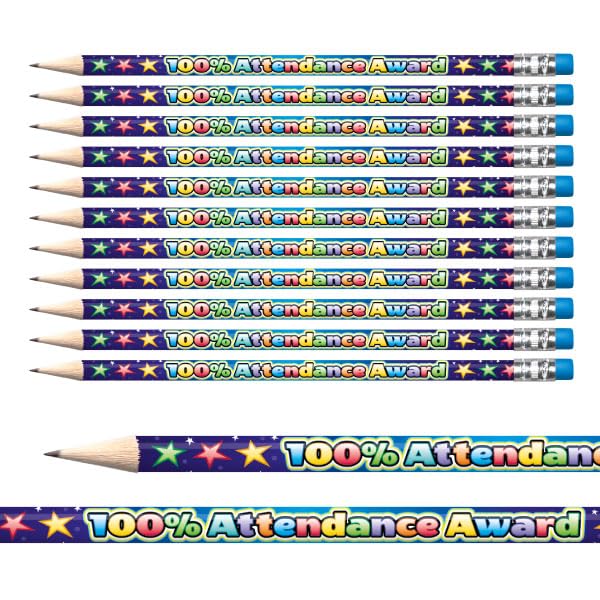 24 100% Attendance Award Pencils Colourful Pupil Children Rewards Motivational Pre-Sharpened Brainwaves Primary Teaching Services