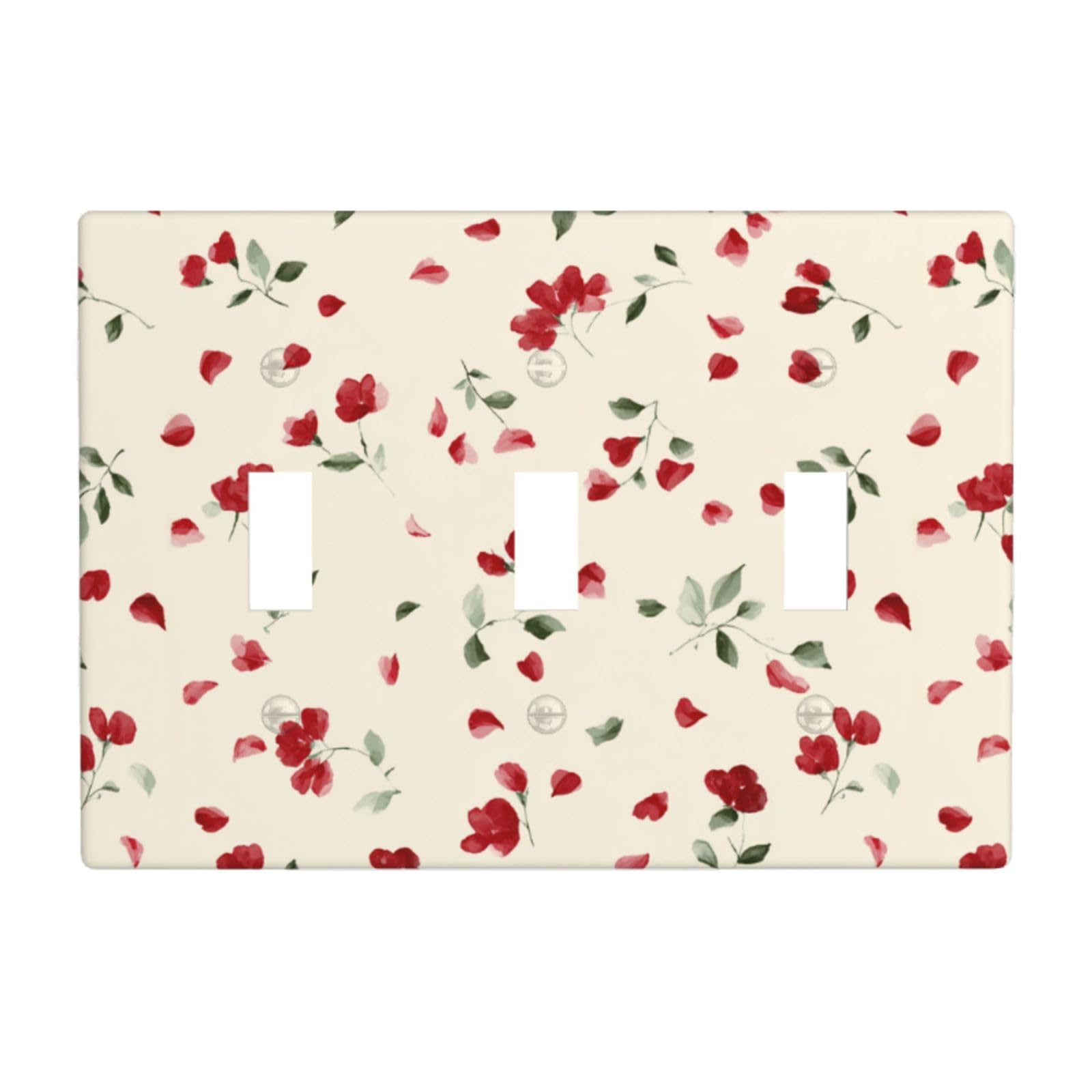 Botanical Flower Red Petals Green Leaves Light Switch Covers 3 Gang Triple Toggle Wall Plate Switchplate Electrical Faceplate for Bathroom Kitchen Bedroom Decor