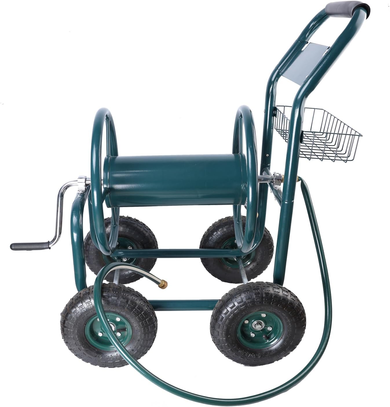 Garden Hose Reel Cart, 4-Wheel Heavy Duty Hose Reel Cart with Pneumatic Rubber Tires, Outdoor Rolling Steel Frame Water Hose Trolley with Storage Basket for Lawn & Garden – Green