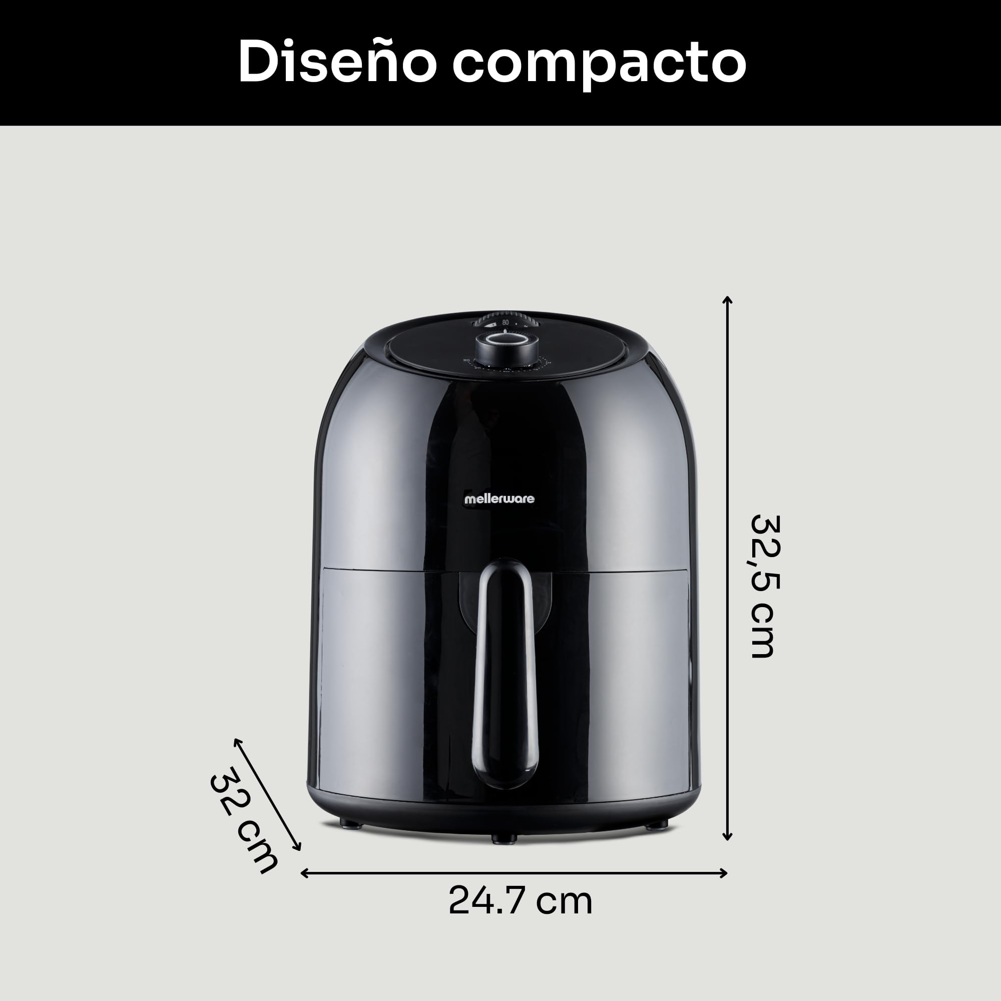 Mellerware - Freidora sin Aceite Crunchy Medium 1000W, 3,5 l, Temporizador Programable, Air Fryer 80-200ºC, Sin BPA/PFOA, Freidora de Aire Análogica, Negro