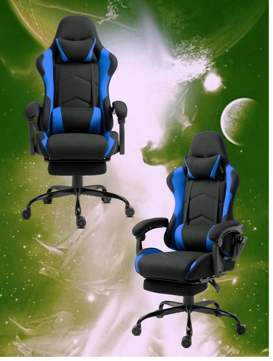 Delman Sedia da gaming da corsa, da ufficio, con funzione di massaggio con 6 punti di vibirazione, in tessuto, ergonomico, poggiapiedi 1036 (blu)