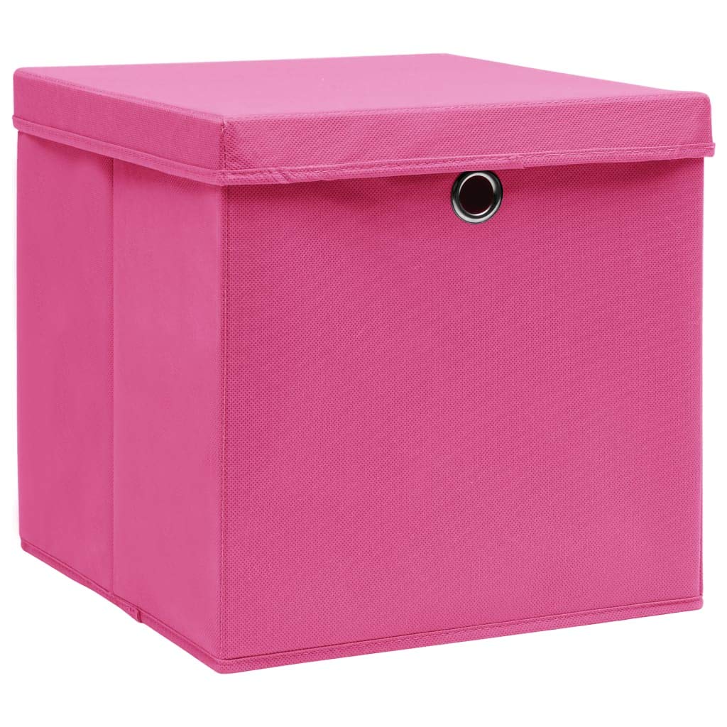 QZZCED Pink Non-Woven Fabric Foldable Storage Boxes with Lids, 4-Pack 32x32x32 cm for Scarves Socks Underwear, Metal Eyelet Pull Out Design