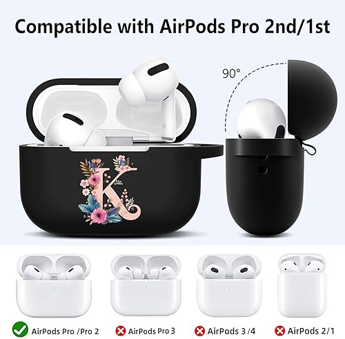 Miniatura 3 de Funda compatible con AirPods Pro 2, funda de silicona para AirPod Pro de 2 generación con símbolo de letras de flores, Airpods Pro con llavero