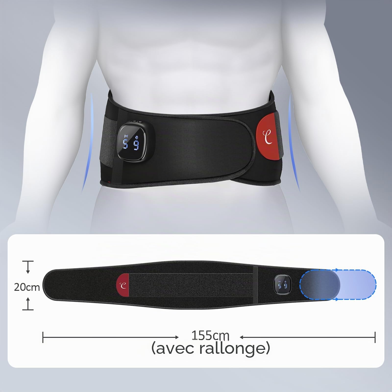 Comfytemp Ceinture chauffante pour le dos avec batterie 15 Wh avec USB, 9 niveaux de chaleur, 5 modes de vibration contrôle par simple pression d'un bouton et d'une application, ceinture