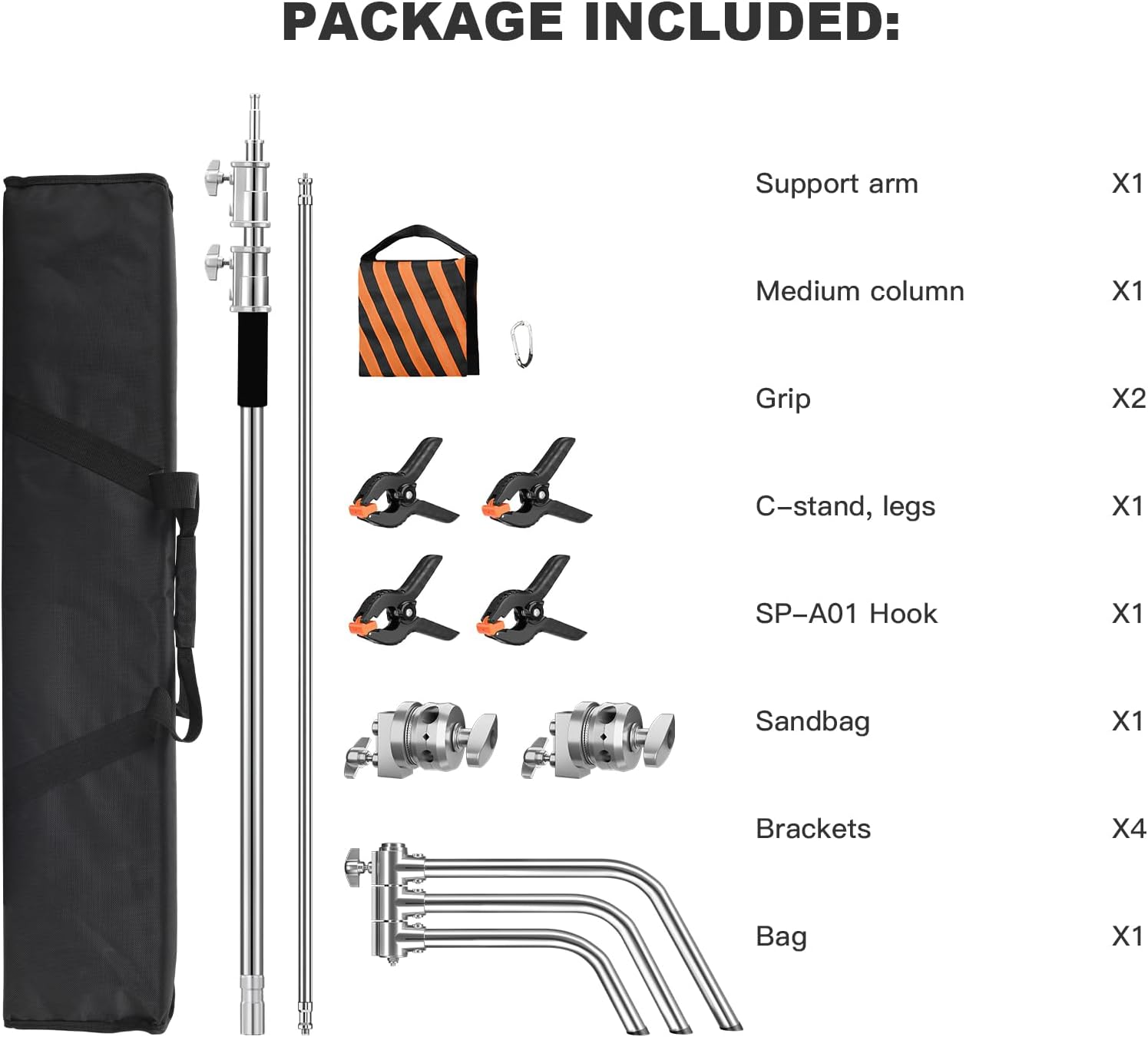 Heavy Duty C Stand 6.9ft/210cm with Holding Arm Sandbag and storage bag Grip Head Stainless Steel Photography Light Stand C-Stand Sturdy for Photography Studio Video Monolight Softbox Shooting?Silver?