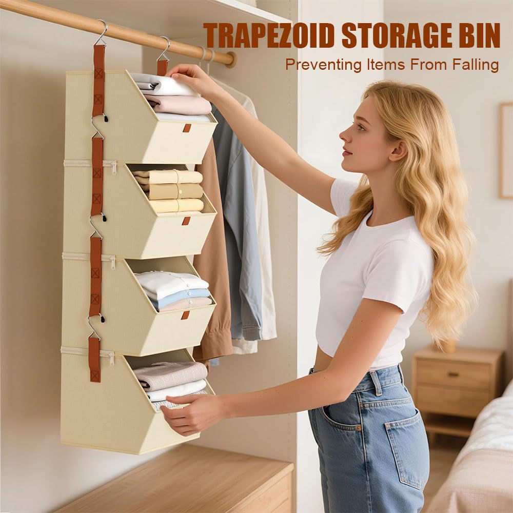 Organizador de Armario Colgante de 4 Niveles, Beige, Sistema de Almacenamiento Modular con 8 Ganchos, Estantería de Tela para Ropa y Accesorios, 26x31x120cm (Beige)