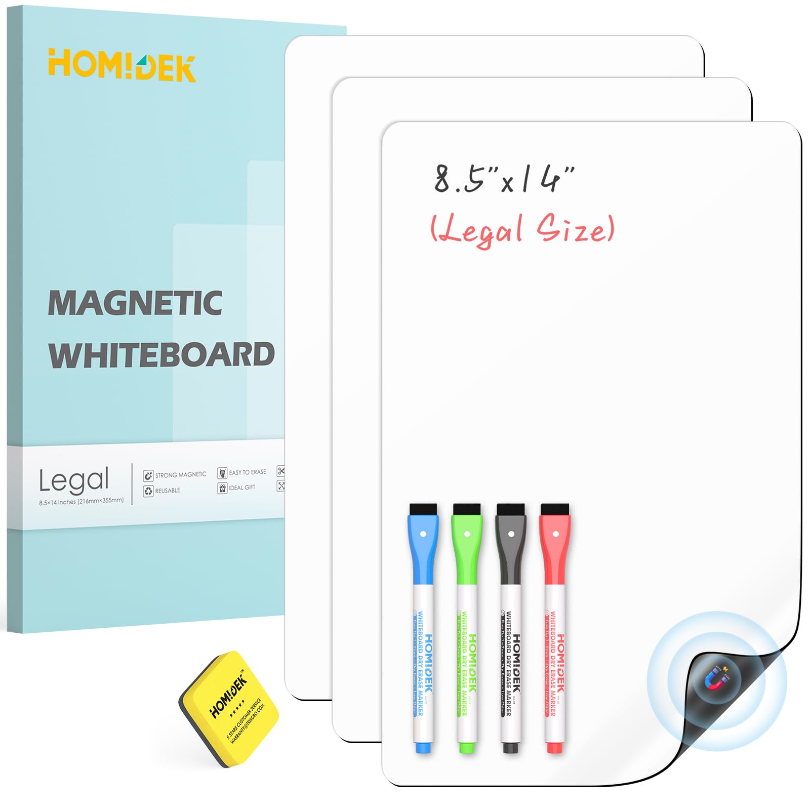 HOMiDEK Magnetic Whiteboard for Fridge, 3 Pack Small Magnetic Dry Erase Boards with 4 Markers & 1 Eraser, Reusable Blank Magnet White Board Sheets for