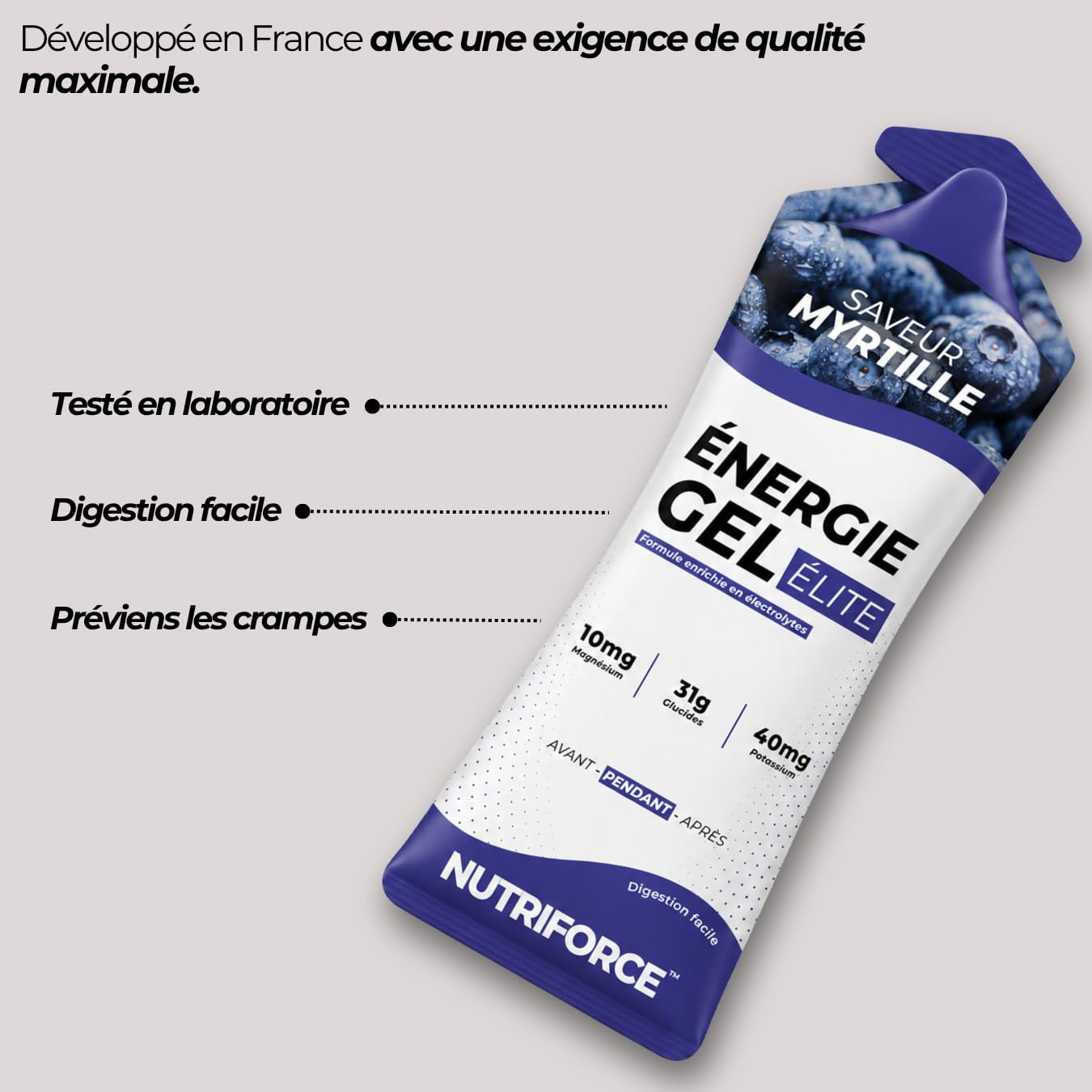 Nutriforce Gel Énergétique Running – 31 g Glucides + Électrolytes – Myrtille - Boîte de 12 gels