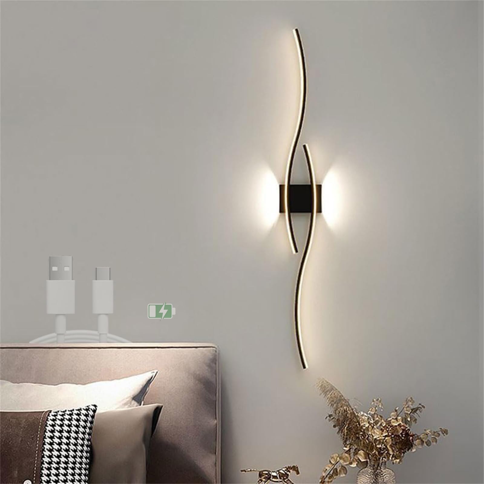 Nowoczesna lampa ścienna LED kształt fali lampa ścienna zasilana baterią USB oświetlenie ścienne długa akrylowa żelazo bezprzewodowa lampa ścienna do salonu (czarne neutralne światło, 60 cm)