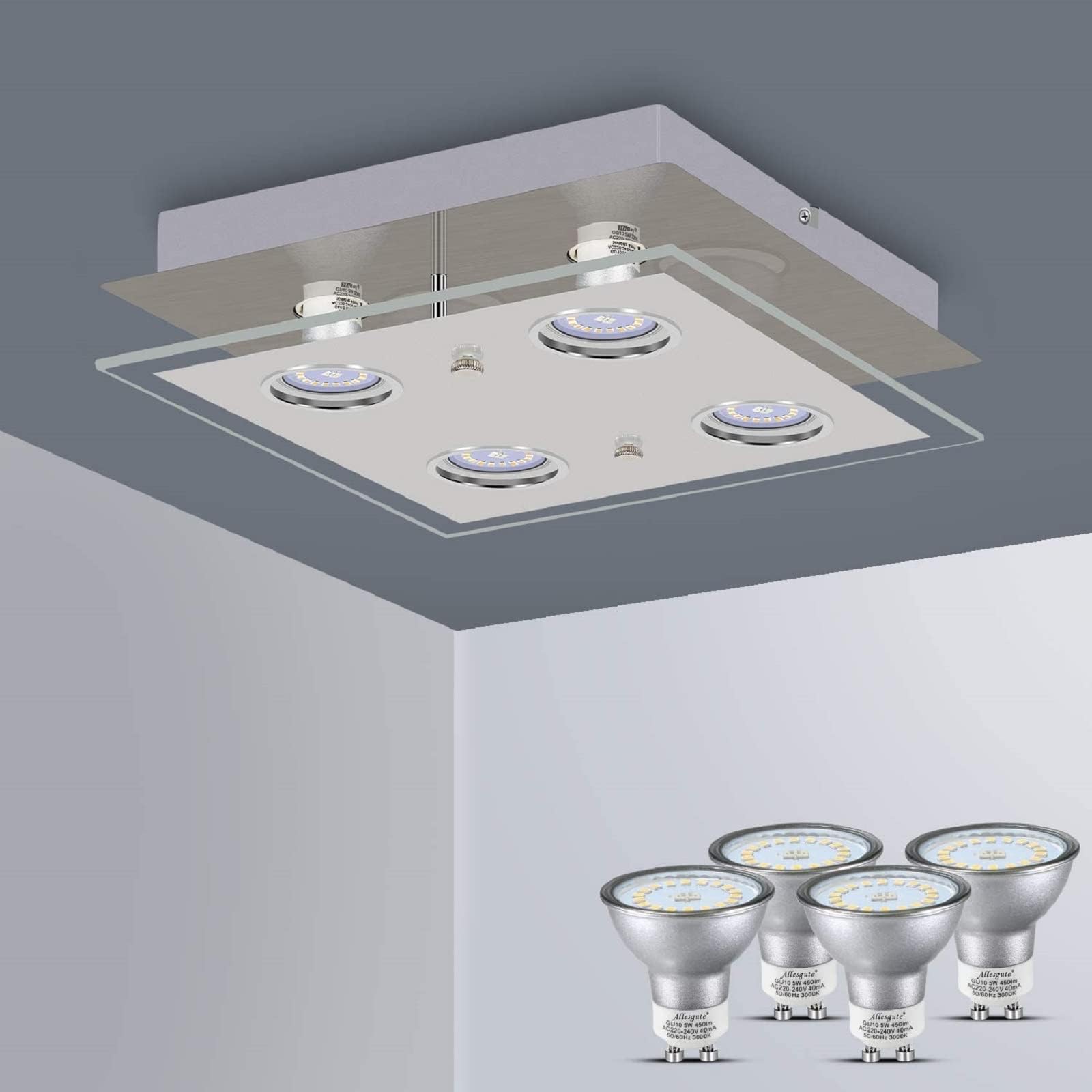 4 Way Indoor Ceiling Spot Fitting with White Glass Lampshades,Rotatable Pendant Light Ceiling Wall Mounted for Kitchen, Living Room, Hallway,No Bulbs