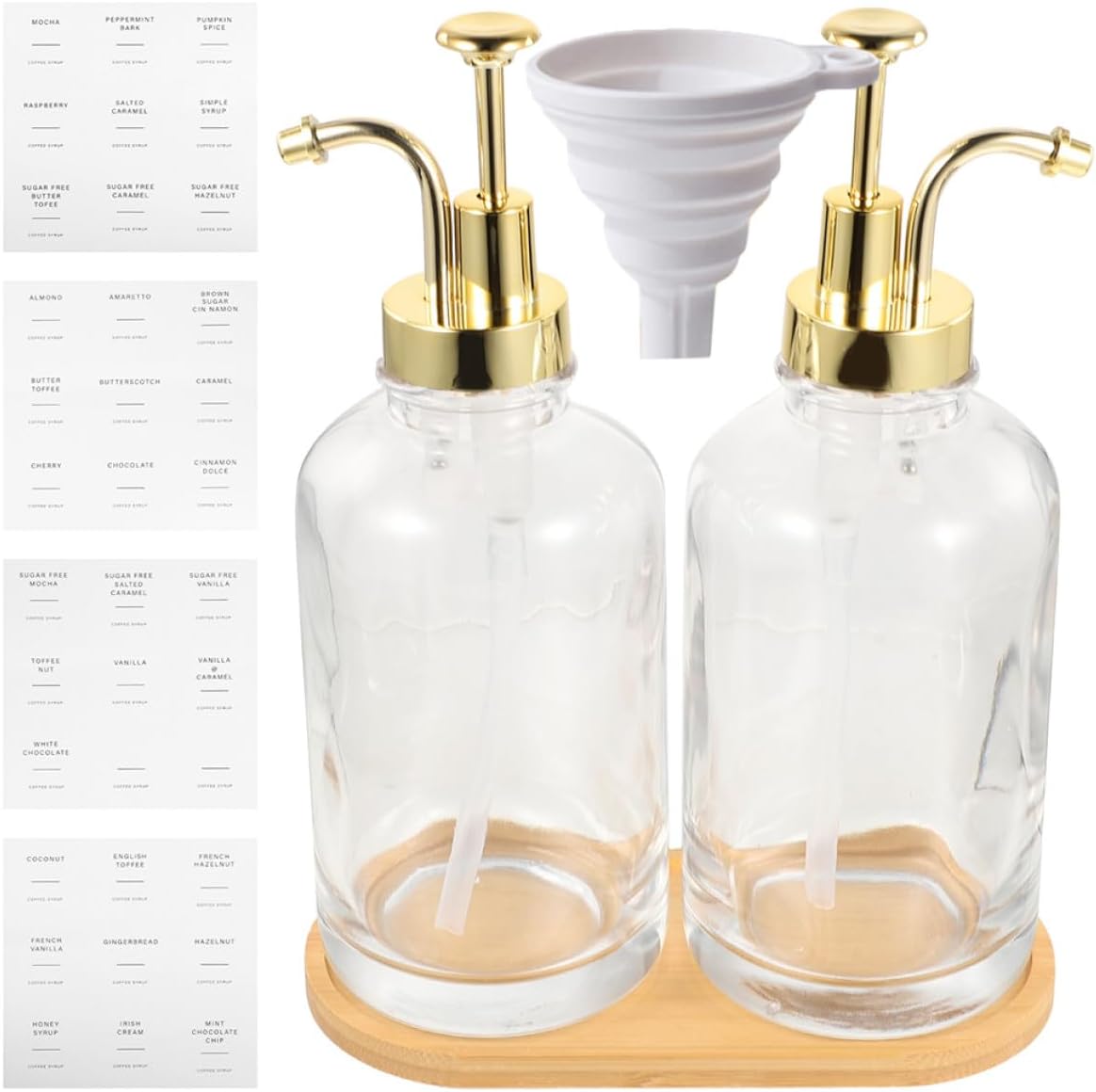 2pcs 500ml Hand Soap Dispensers Glass Pump Bottles Liquid Hand Soap Dispenser for Bathroom with Gold Pumps, Funnel, Stickers, and Tray Set