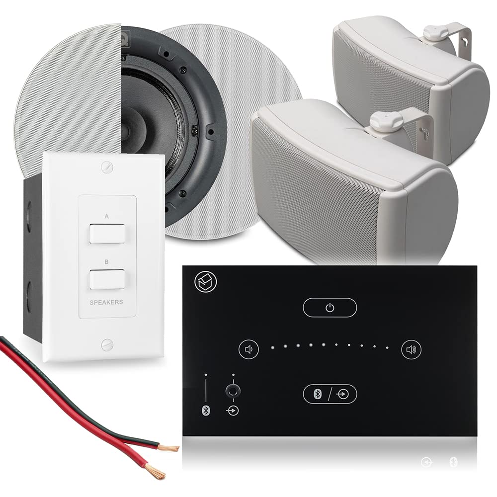 Power Dynamics Systemline E50 Bluetooth Kitchen Ceiling Speakers & Outdoor Patio Speaker System - Amplifier, Wall Selector Switch, Home Audio System Kit