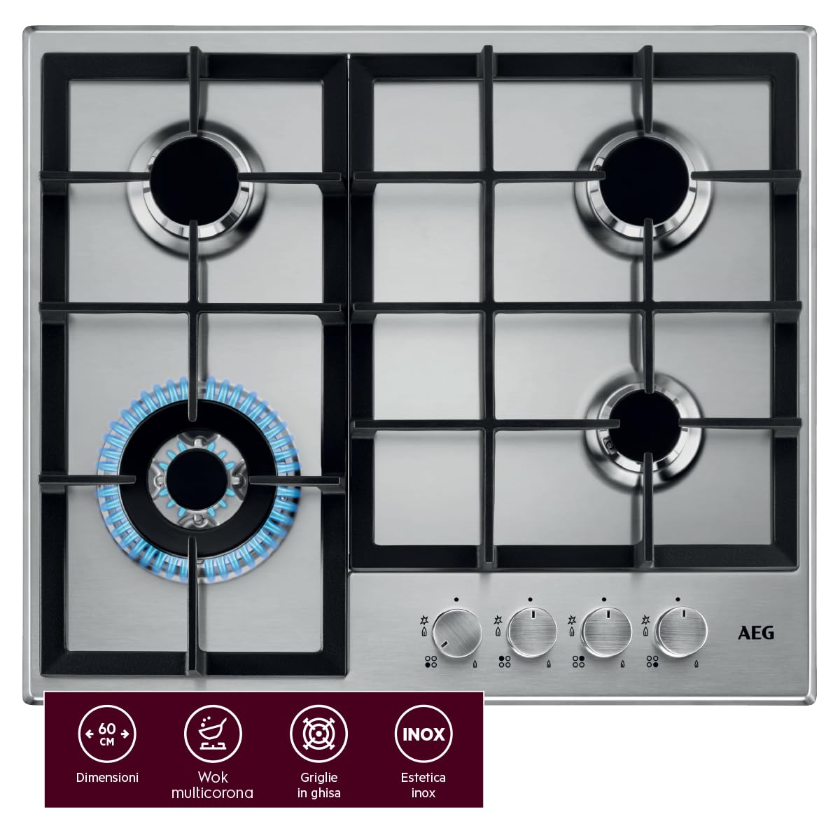 AEG HGB64400SM Piano Cottura a Gas 60 cm 4 Fuochi Griglie in Ghisa Inox | 60 cm, 4 fuochi, griglie in ghisa, finitura inox
