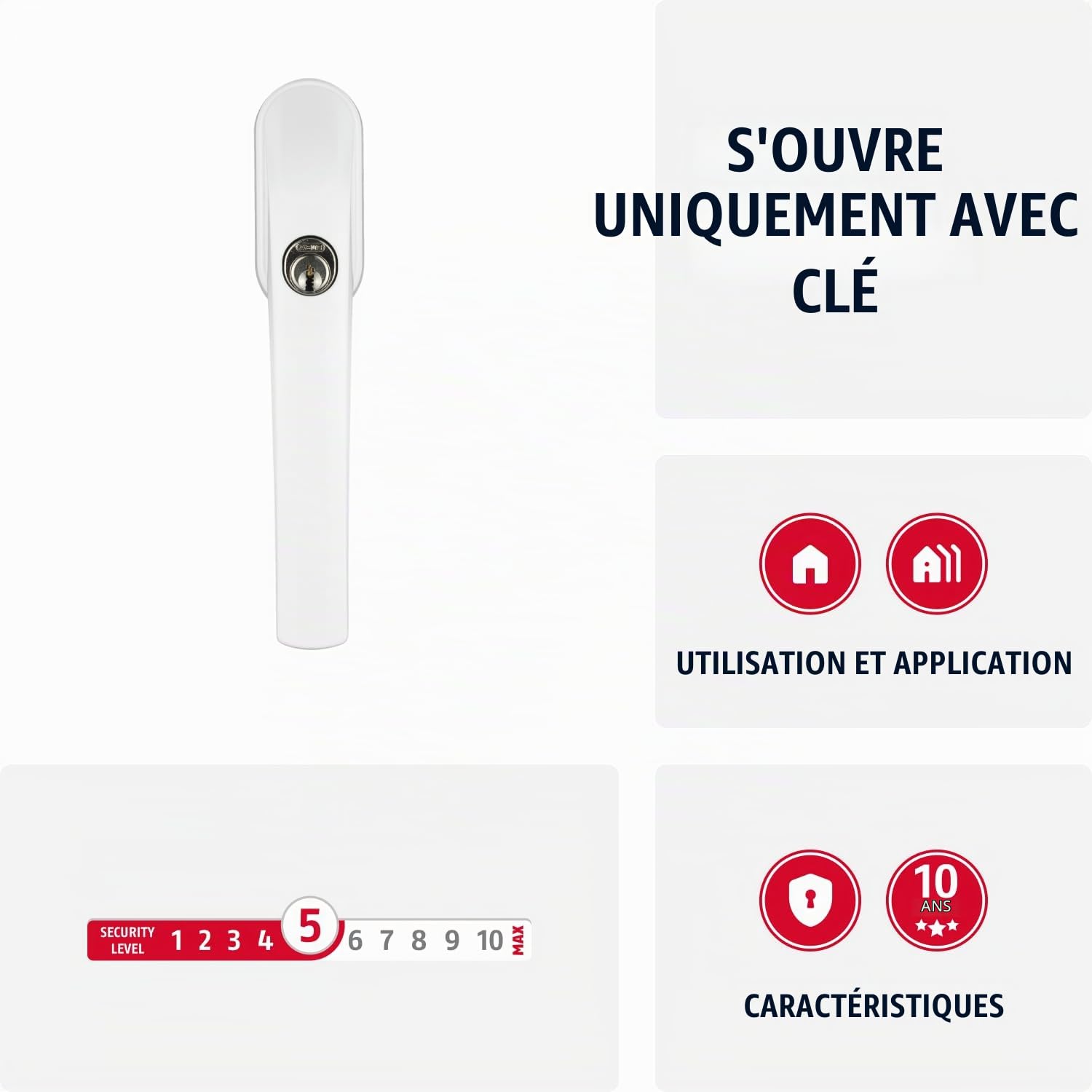 ABUS Poignée de Fenêtre Verrouillable FG300 - Bouton de Fenêtre avec Cylindre Poussoir, à Verrouillage Différent - Niveau de Sécurité 5-48518 - Blanc