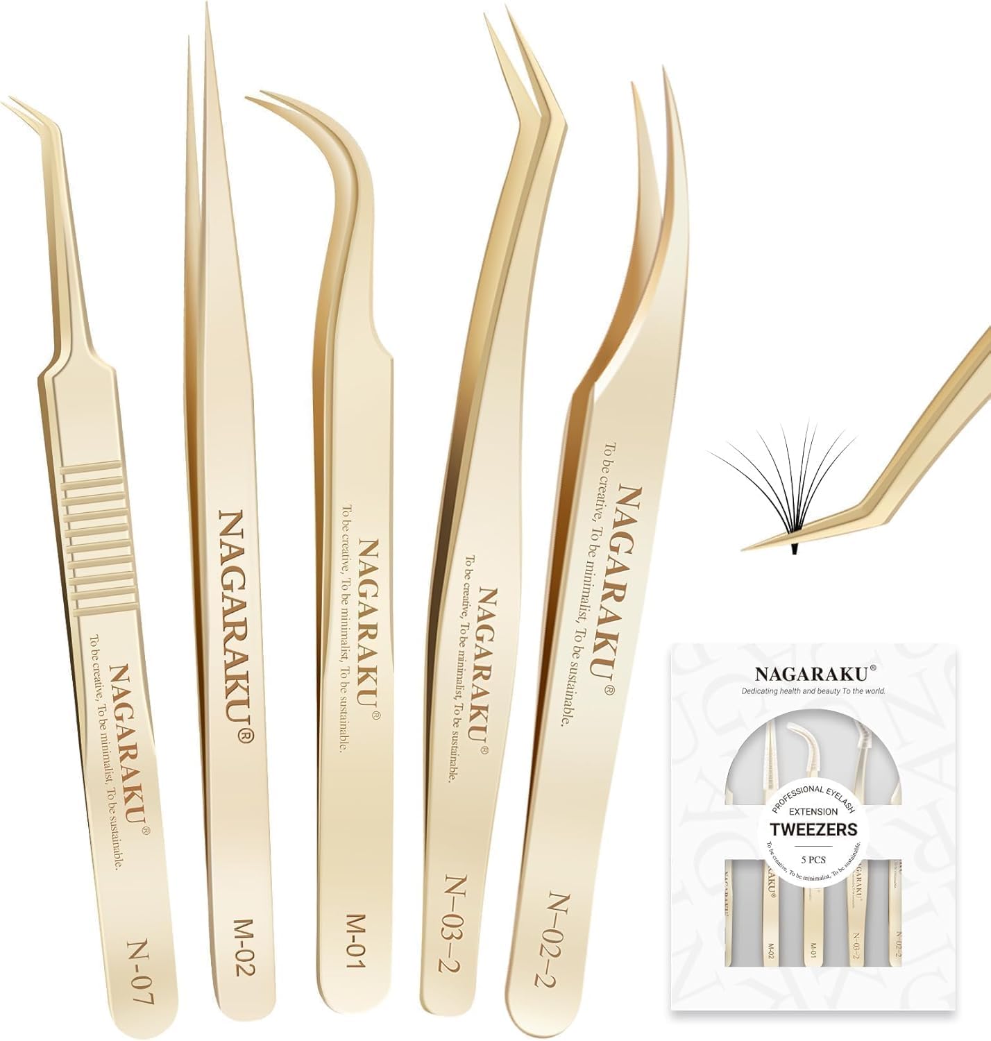 NAGARAKU Wimpernpinzette 5-teiliges Set Professionelle Präzisionspinzette Gerade Gebogene und Volumen Fächer Pinzetten Gold Edelstahl Präzise Schließung Leicht Dünn mit Spitze Schutzkappen In Lederbox