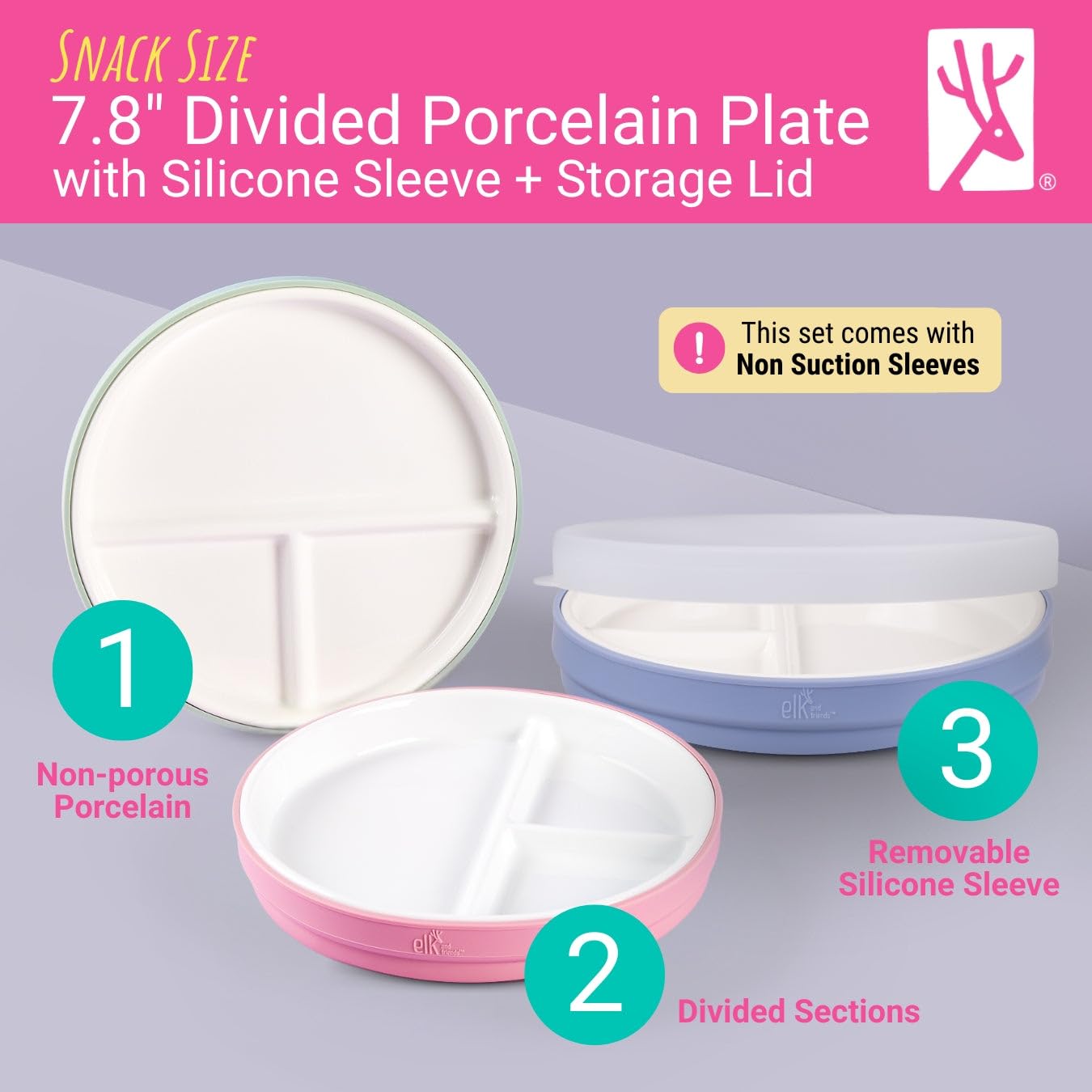Elk and Friends Platos de porcelana blanca de 7.8 pulgadas para niños con fundas de silicona + tapas, platos divididos, adecuados para niños y niños pequeños, aptos para microondas y lavavajillas