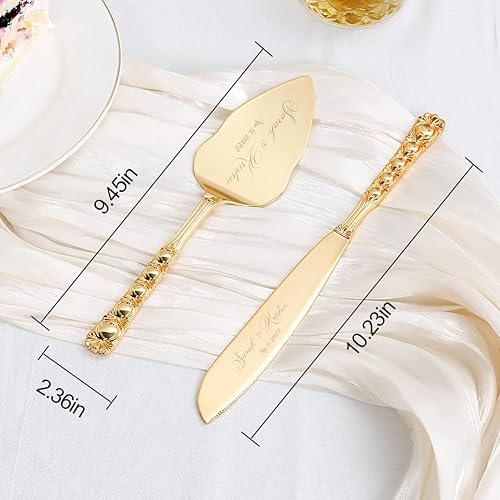 Miniatura 6 de Juego de cuchillos y servidor para pastel de boda, juego personalizado de corte de pastel dorado para boda, juego de cuchillos clásicos grabados