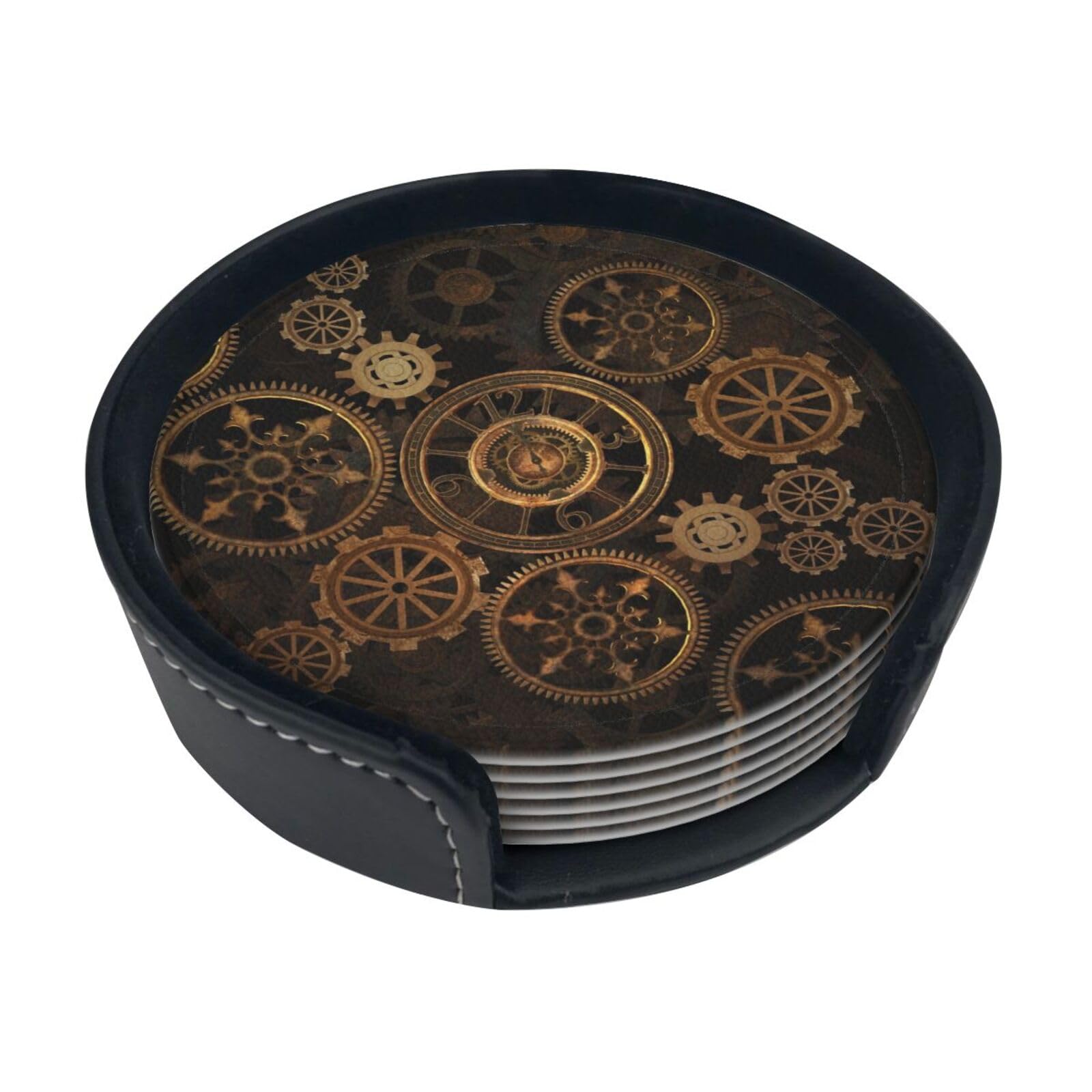 Steampunk Steampunk Gears Clock Printed Coasters Set Of 6, Pu Leather Round Coasters With Holder Heat Resistant Drinking Coasters Coffee Cup Mat For Bar Kitchen Home