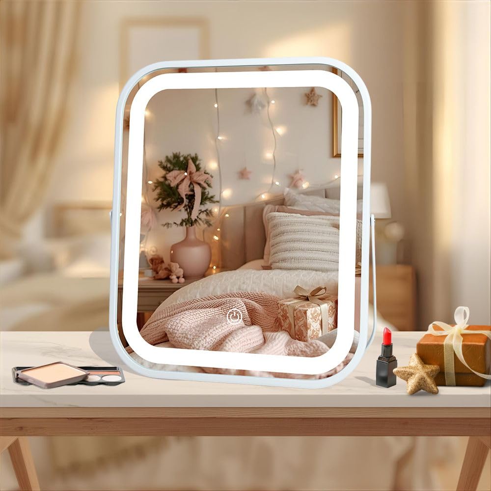 LED-Make-up-Spiegel, wiederaufladbar, mit 3 Farbeinstellungen, Touch-Steuerung, tragbarer und kabelloser Kosmetikspiegel, Premium-Metallrahmen, Geschenk bereit für Reisen, Weiß