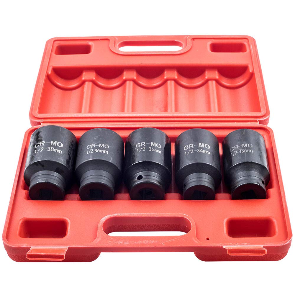 maXpeedingrods 5 Pcs 1/2" Drive 6 Point Deep Impact Socket Set, Metric Spindle Axle Hub Nut Heavy Duty Impact Socket Tool Kit 33mm 34mm 35mm 36mm 38mm
